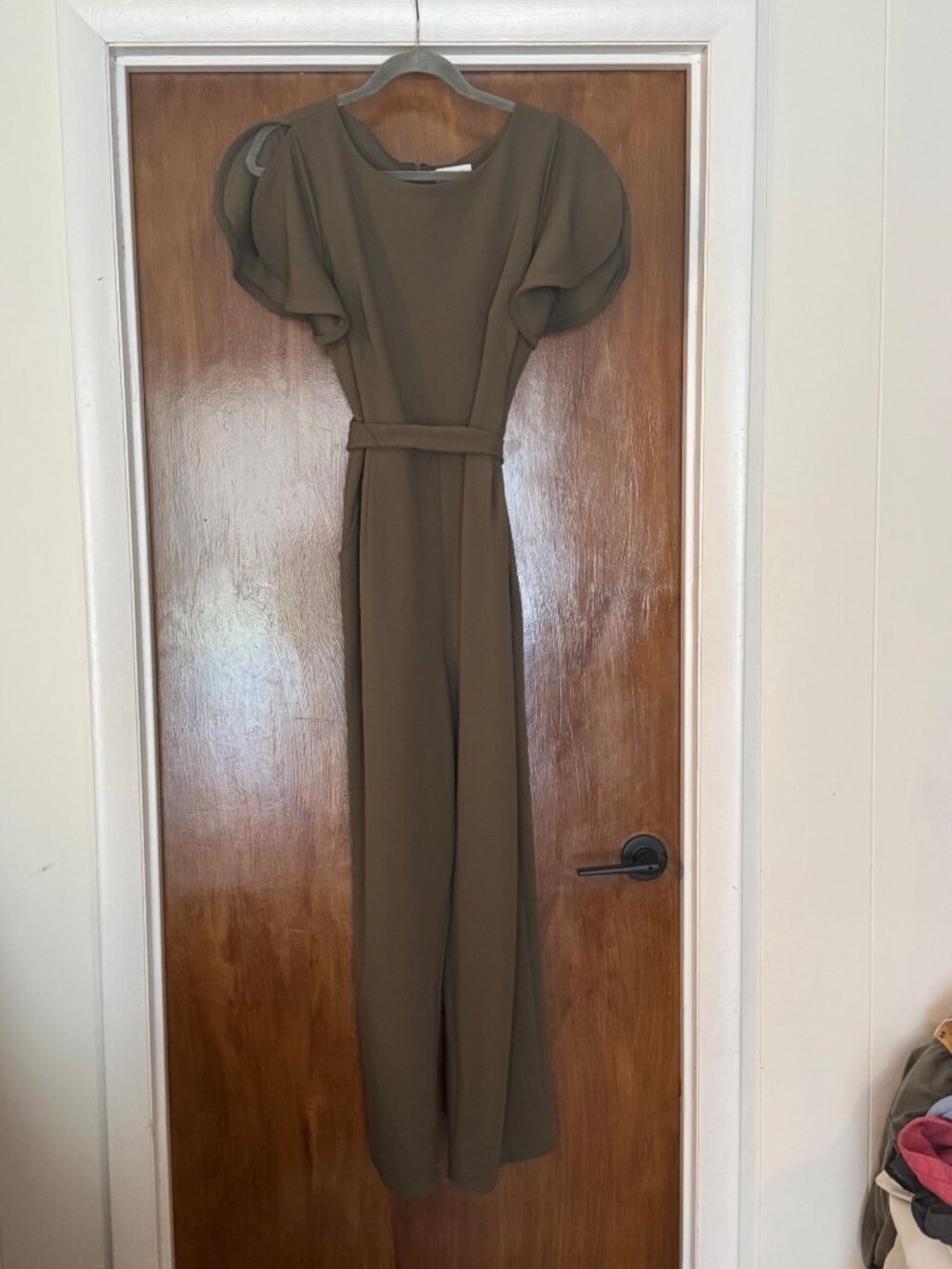 Calvin Klein Jumpsuit Women's 12 Olive Green Flutter Sleeve Belted Wide Leg